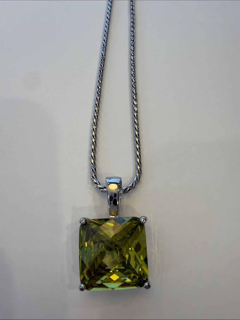 Silver Color Necklace with Olive Green Square Gem Pendant